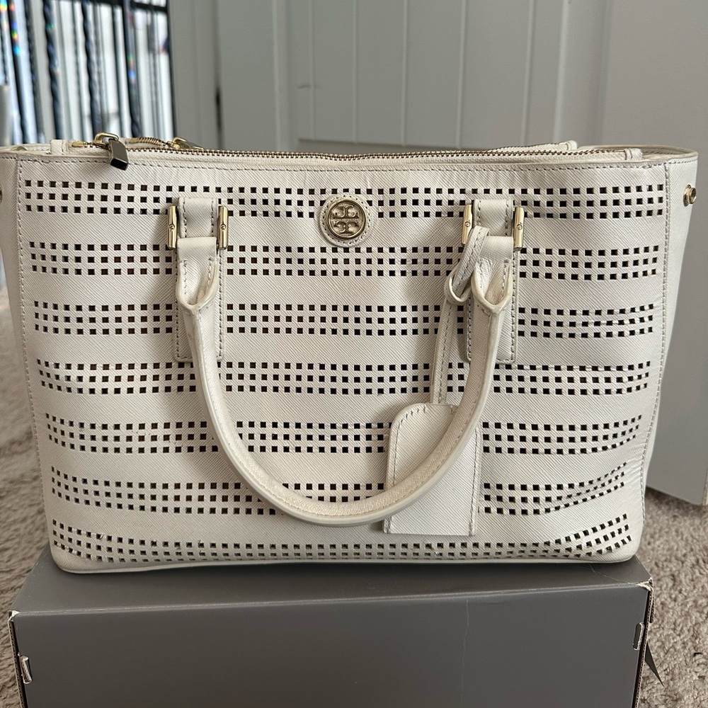 Tory Burch White Robinson Double Zip Purse Tote